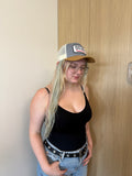 Curved Tri Colored, Grey, Light Camel and Cream Mesh Cap.