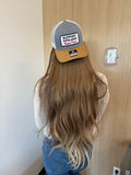 Curved Tri Colored, Grey, Light Camel and Cream Mesh Cap.